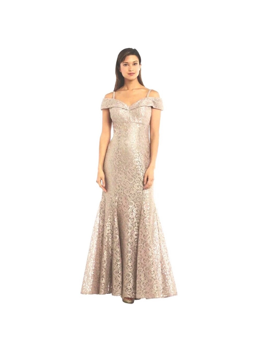 R&M Richards Mauve Lace Off-Shoulder Maxi Dress